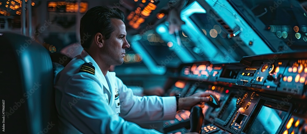 The captain of a cargo ship in a white shirt and shoulder straps on the bridge gives instructions to the navigator. Copy space image. Place for adding text - obrazy, fototapety, plakaty 