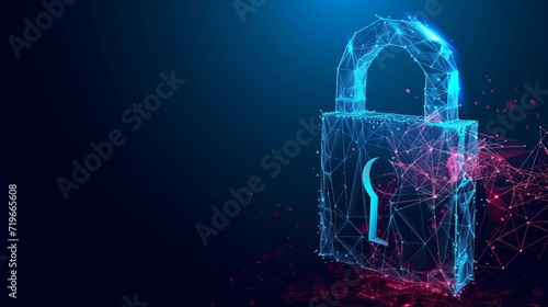 Cyber safety padlock on data mass. Internet security lock information privacy low poly polygonal future innovation technology network business concept blue vector illustration