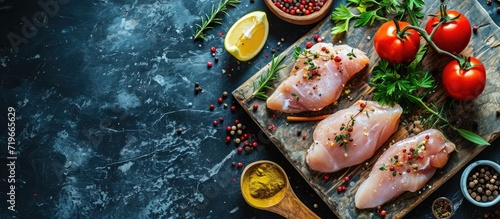 Fotografia whole and sliced chicken breast with spices on a stone board top view copy space