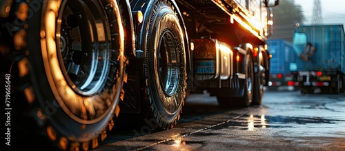 Truck Driver Walking and Checking A Truck Wheels and Tires Mechanic Repairman Auto Service Shop Inspection Maintenance and Safety Truck Driving Industry Freight Truck Transport. Copy space image