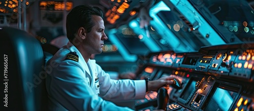 The captain of a cargo ship in a white shirt and shoulder straps on the bridge gives instructions to the navigator. Copy space image. Place for adding text