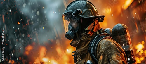 The firefighter s unwavering resolve shines through the smoke filled air undeterred by the challenging conditions as he remains focused on the task at hand. Copy space image. Place for adding text photo