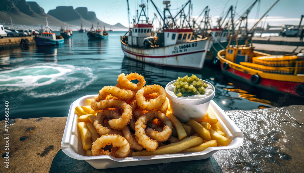 Fototapeta premium Calamari coated in bread crumbs deep fried with French fries, take away in Styrofoam container, tartar sauce , Cape Town ocean harbor view