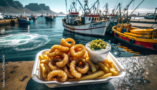 Calamari coated in bread crumbs deep fried with French fries, take away in Styrofoam container, tartar sauce , Cape Town ocean harbor view photo