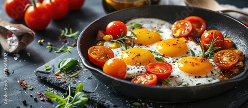 Stir fried tomatoes with egg or Scrambled eggs with tomatoes healthy food style. Copy space image. Place for adding text