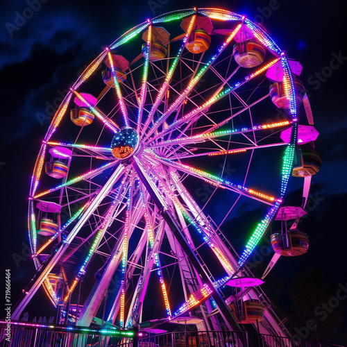 A Ferris wheel illuminated with colorful lights at a spring carnival
