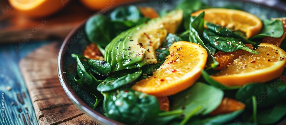 Zesty Orange Spinach and Avocado Topview Salad. Copy space image. Place for adding text Zesty Orange Spinach and Avocado Topview Salad. Copy space image. Place for adding text