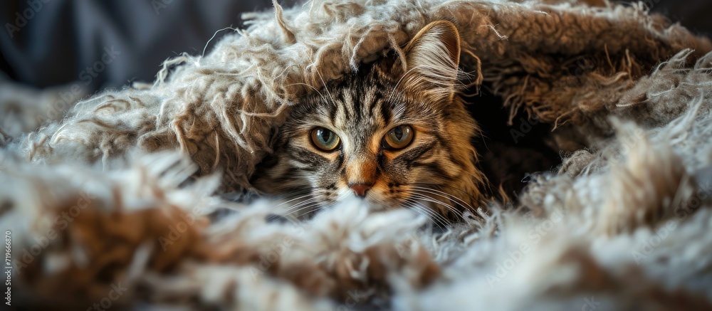 Tricolor cat peeks out from under a crumpled brown woolen blanket. Copy space image. Place for adding text