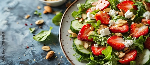 Summer Strawberry cucumber salad with lettuce feta cheese and almonds Healthy Food. Copy space image. Place for adding text