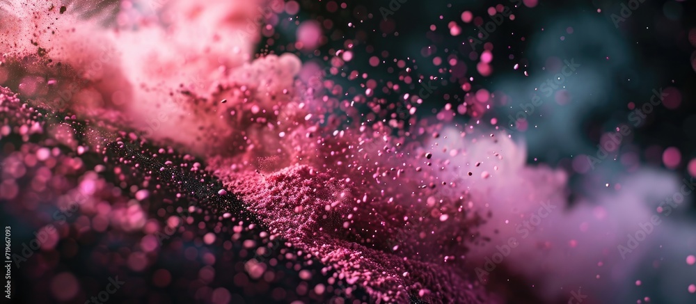 Pink dust debris isolated on black background motion powder spray burst in dark texture. Copy space image. Place for adding text Pink dust debris isolated on black background motion powder spray burst in dark texture. Copy space image. Place for adding text