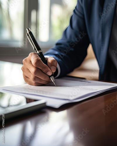 Businessman in a Black Suit Writing Important Notes on a White Paper photo
