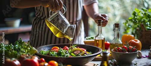 Woman adding olive oil to her healthy salad. Copy space image. Place for adding text
