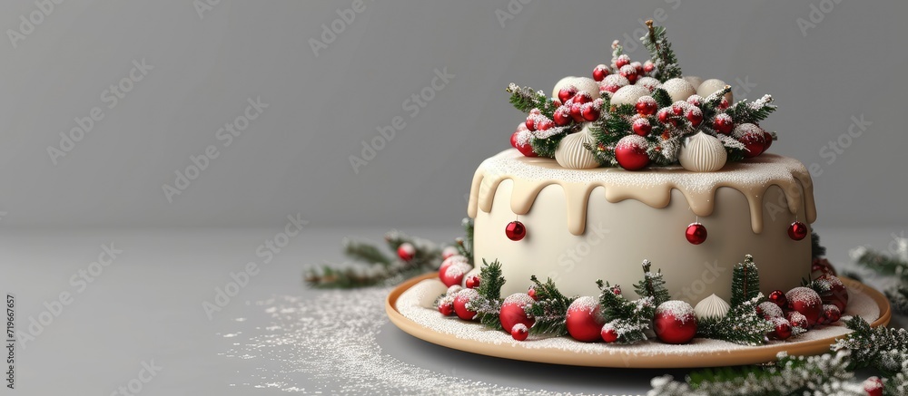 White chocolate Christmas cake with festive holiday decorations. Copy space image. Place for adding text