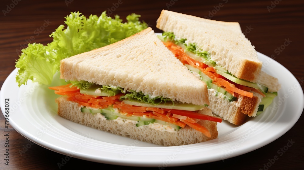 Fresh and wholesome sandwich platter on a white plate placed on a wooden table Fresh and wholesome sandwich platter on a white plate placed on a wooden table