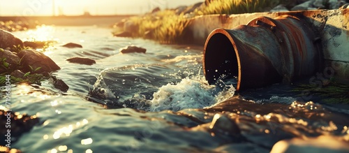 Sewage pipe outfall into the river water pollution and environmental damage concept selective focus. Copy space image. Place for adding text photo