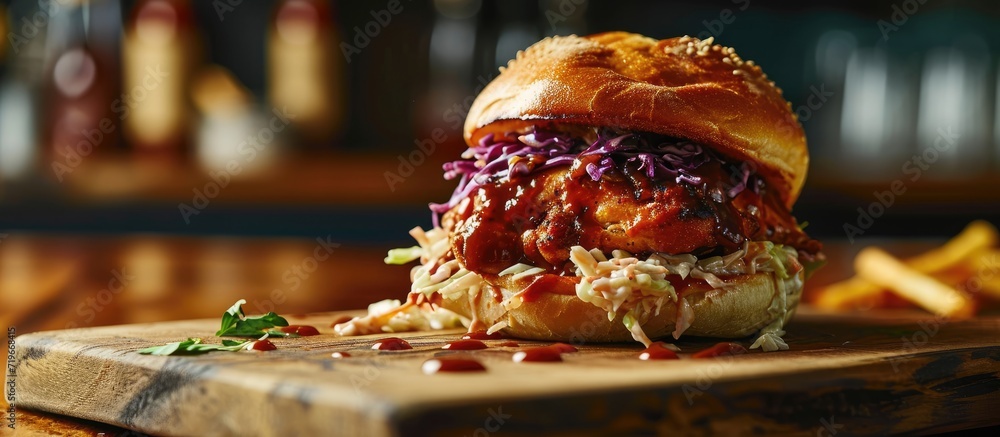 Pulled bbq chicken sandwich on a brioche bun served with cole slaw and bbq sauce. Copy space image. Place for adding text Pulled bbq chicken sandwich on a brioche bun served with cole slaw and bbq sauce. Copy space image. Place for adding text