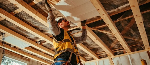 The worker produces finishing works of the ceiling with a white wooden board Construction worker thermally insulating eco wooden frame house with wood fiber plates. Copy space image photo