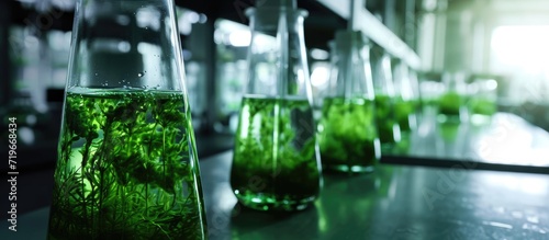Photobioreactor in laboratory of algae fuel biofuel industry project Algae research in industrial laboratories for medicine. Copy space image. Place for adding text