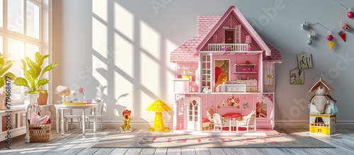 The photo of huge pink dollhouse model furnished with miniature furniture in a kid s room. Copy space image. Place for adding text photo