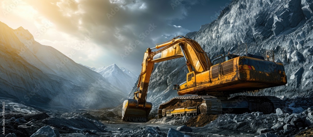 Working hydraulic excavators in the mine Working in mining industry Mining activities Mine operations Quarry Operations. Copy space image. Place for adding text Working hydraulic excavators in the mine Working in mining industry Mining activities Mine operations Quarry Operations. Copy space image. Place for adding text