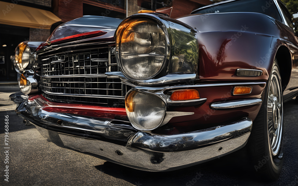 Closeup on a vintage car parked at outdoor parking lot