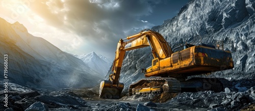 Working hydraulic excavators in the mine Working in mining industry Mining activities Mine operations Quarry Operations. Copy space image. Place for adding text