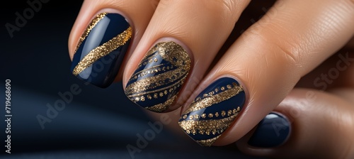 Elegant hand with navy blue gel polish in luxury salon for manicure and nail art design. photo