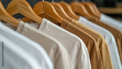 a row of white, beige, and brown tee shirts hanging