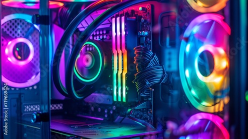 Gaming PC with RGB LED lights on a computer, assembled with hardware components