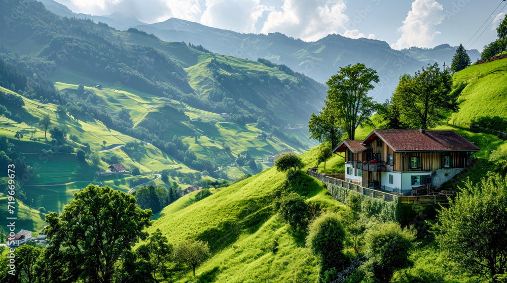 Rural Surroundings Village Castle Landscape in the Alps in Switzerland Austria Italy Bavaria Peace and Quiet Wallpaper Digital Art Magazine Background Poster