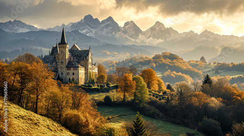 Rural Surroundings Village Castle Landscape in the Alps in Switzerland Austria Italy Bavaria Peace and Quiet Wallpaper Digital Art Magazine Background Poster photo