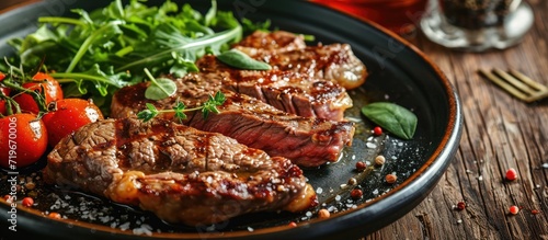 Rustic style barbecue dry aged wagyu roast beef steak with lambs lettuce and tomatoes served as close up on a design plate. Copy space image. Place for adding text