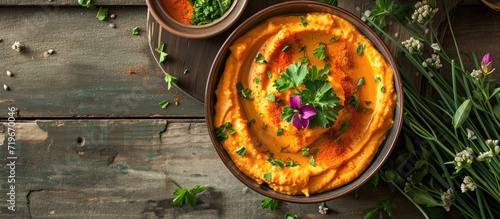 Roasted pepper hummus sprinkled with chopped parsley and edible chive flowers top view. Copy space image. Place for adding text photo