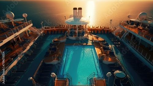 Modern, white cruise ship view inside. Pool and lounge area on deck. Traveling and relaxing. En route. photo