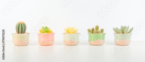 Small pots with cacti and succulents in a row on a pink background