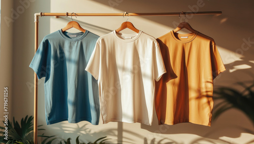 a row of white, beige, and brown tee shirts hanging