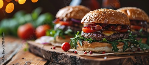 Two burgers on the wooden board close up. Copy space image. Place for adding text