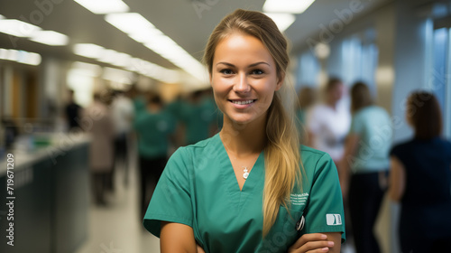 girl working in a hospital, smiling, nurse