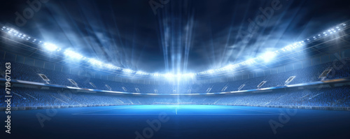 Night stadium with green grass and turn on lights. © amazingfotommm