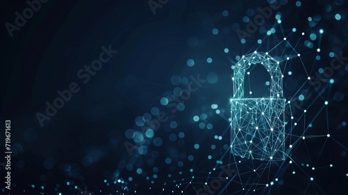 Lock. Polygonal wireframe mesh looks like constellation on dark blue night sky with dots and stars. Security, safe, privacy or other concept illustration or background photo