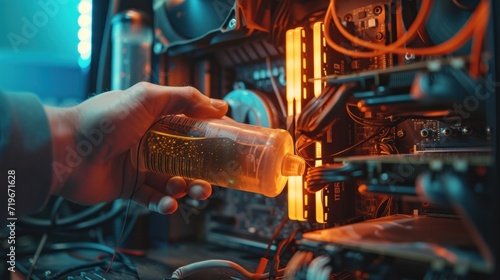 Maintenance and cleaning of the insides of the computer. Man's hand holds a cylinder of compressed air and cleans the insides of the computer photo