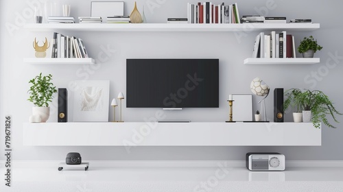 Minimalist modern white TV shelf with books , decorations and sound system. Rich vector graphic template photo