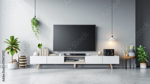 Minimalist modern white TV shelf with books , decorations and sound system. Rich vector graphic template photo