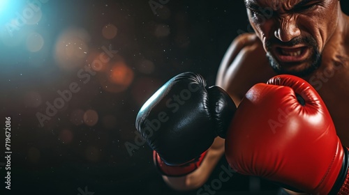 Fierce boxer in action with black and red gloves, determined expression, bokeh lights background. Close-up.Copy space. Concept of strength, determination, and the spirit of competitive boxing. © Jafree