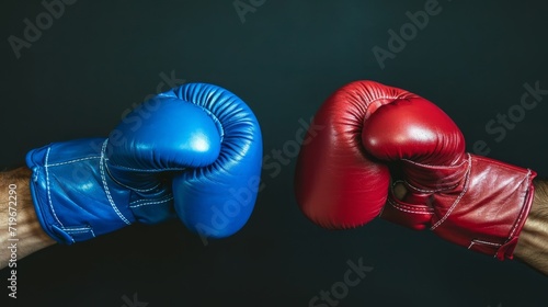 Impact moment between red and blue boxing gloves, dynamic moment. Fist bump. Dark background. Concept of competition, opposing forces, training, sport competition, and the dynamic nature of boxing. © Jafree
