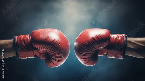 Impact moment between two boxing gloves. Fist bump. Concept of competition, opposing forces, training, sport competition, and the dynamic nature of boxing. photo