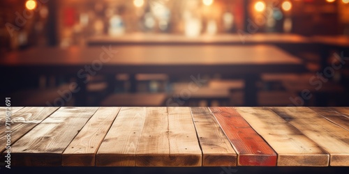 Vintage wooden table with blurred backdrop of a bar