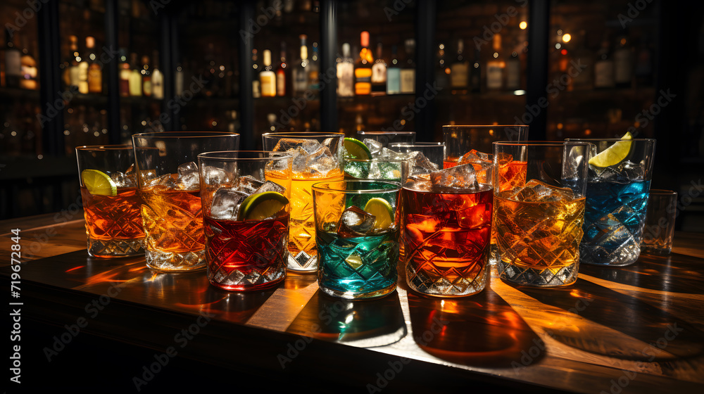 selection of cocktails and drinks in a bar