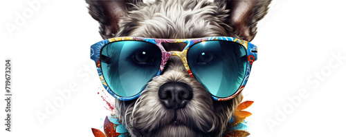 Funny dog head detail with summer sunnglases on wide backgrund. copy space for your text photo