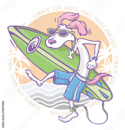 Hand-drawn illustration of a surfer dog in cartoon style. Art in composition with relaxed text. Editable vector art.